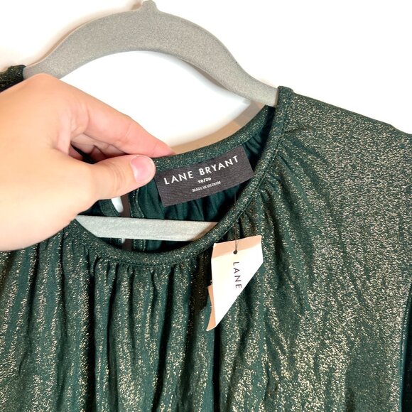 Lane Bryant Green Gold Metallic Smocked Flowy Jersey Knit Top Long Sleeve 18/20 - Picture 3 of 6